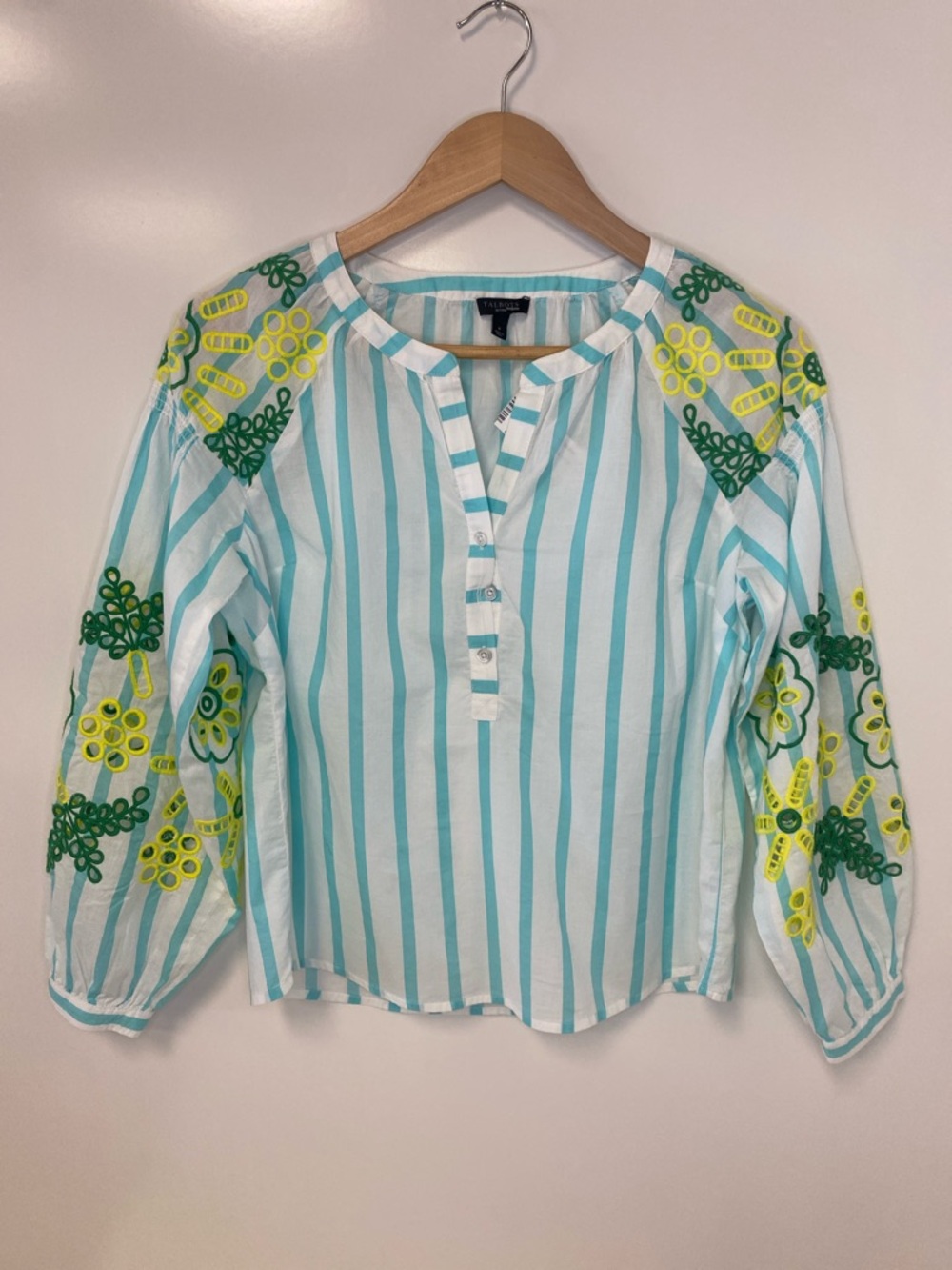 Talbots Aqua & White Striped Embroidered Peasant Blouse